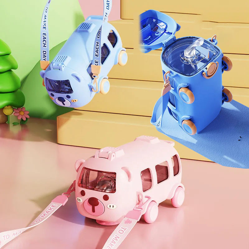 kids Cute Bear Baby Bus Tritan Water Bottle Student School Children Creative Straw Car Water Bottle Cup 500ml (Random Color) - Image 9