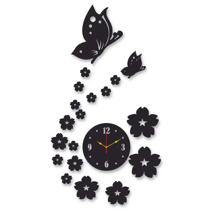 3d wall clock | Wall Clock With Wooden Butterflies  , Flowers  with light - Image 2