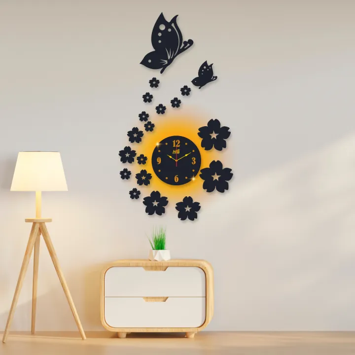 3d wall clock | Wall Clock With Wooden Butterflies  , Flowers  with light - Image 3