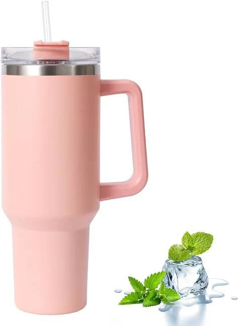 Insulated Tumbler with Handle Straw 40oz Stainless Steel Vacuum Cup Thermal Mug for Ice Coffee Travel Car Cup (Random Color) - Image 3