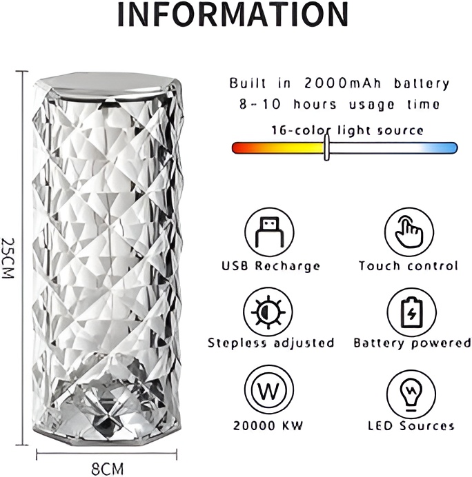 16 Colors Diamond Rose Crystal Lamp Bedside Acrylic  Table Lamp | Led Diamond Touch Lamp With Remote - Image 9