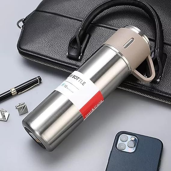 H-409 Vacuum Flask Gift Set with 3 Stainless Steel Cups Combo - 500ml - Keeps HOT/Cold (Random Color) - Image 3
