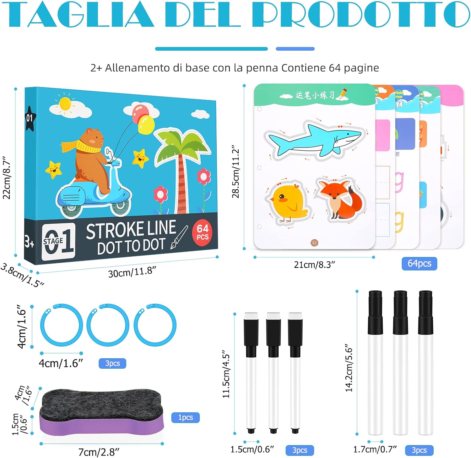Finetoknow Calligraphy Notebook for Children Erasable Magic Tracing Book / Drawing Training Colouring Lines and Shape Control with 6 Pens and 1 Eraser for Children 3+ (64 pcs in this box of this stage 1 ) - Image 9