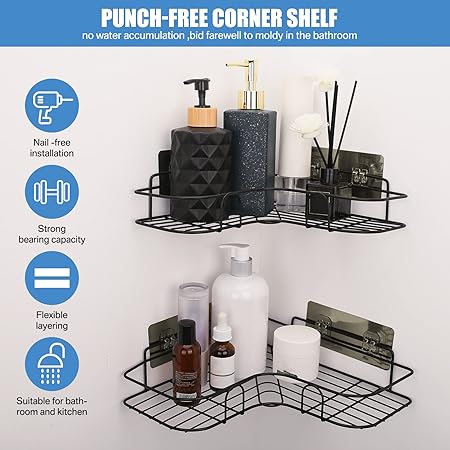 Metal Corner Rack For Bathroom & Kitchen | Bathroom Metal Shelf Organizer | Storage Rack Corner Frame Shampoo Storage Holder | Wall Mount Bathroom Accessories (Without Hook) - Image 2