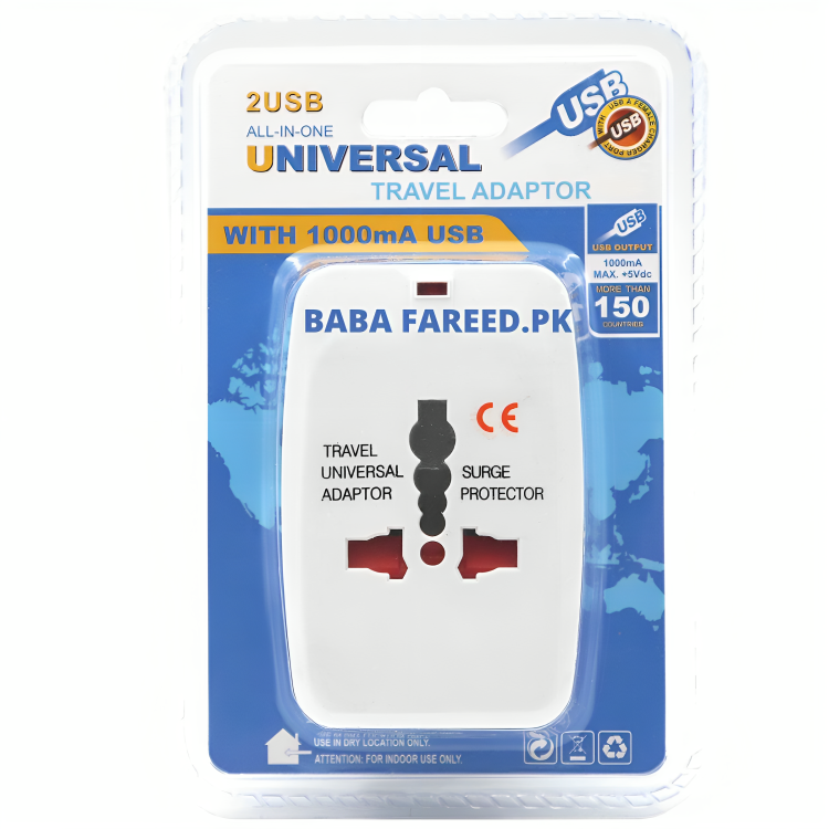 All in One Universal Adaptor with Two USB ports travel accessory