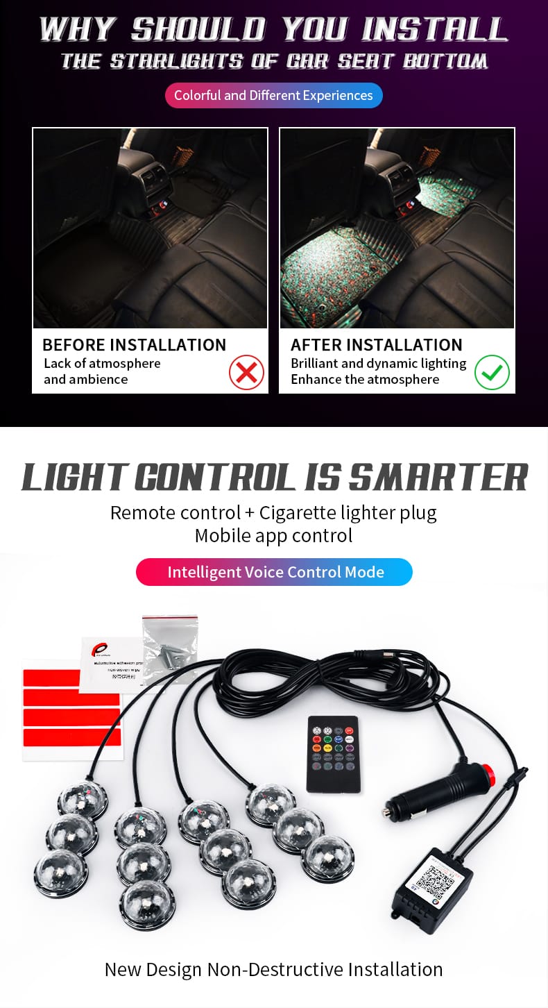 Car Led Foot light Ambient Atmosphere Light 4 in 1 RGB Sound Remote Decorative light Interior lighting Ambient Light Cigarette Bluetooth And Remote Operated - Image 7
