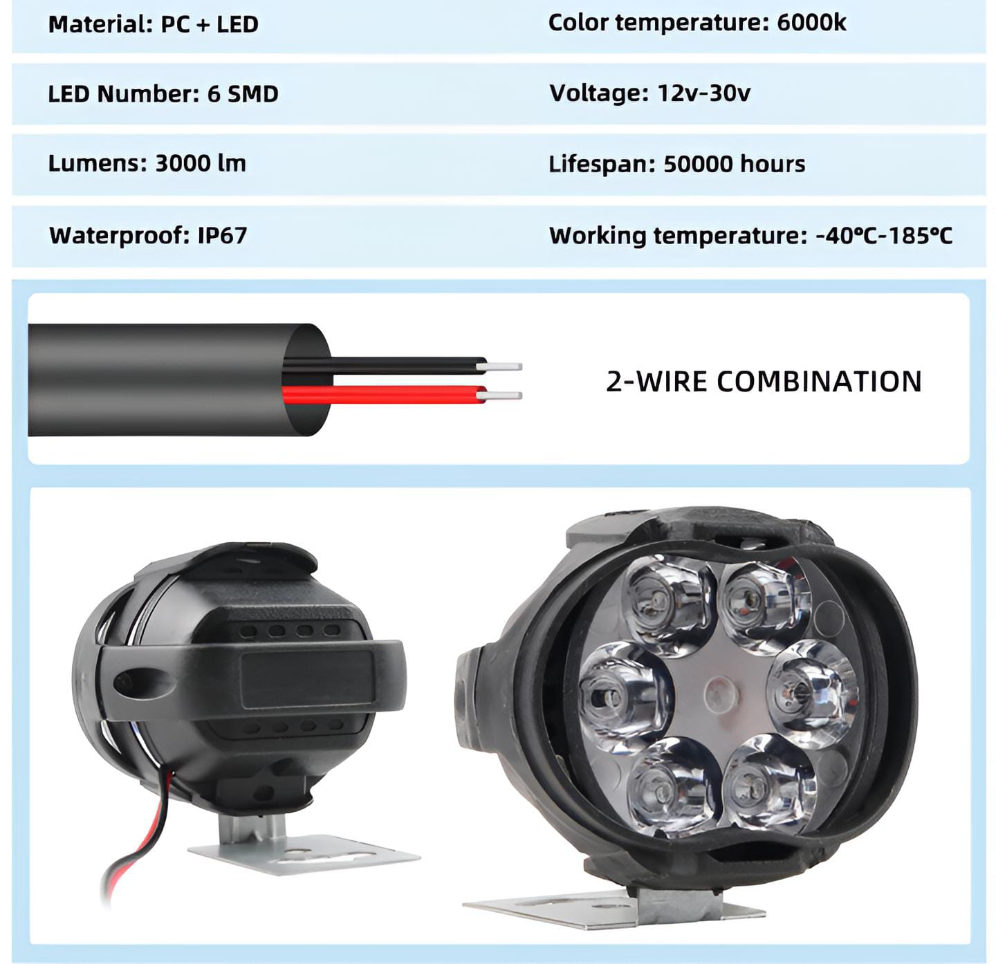 2PCS Work Lights 6 LED Motorcycle Headlight Spot Light Waterproof Super Bright Auxiliary Scooters Universal 12v Led Bar - Image 3