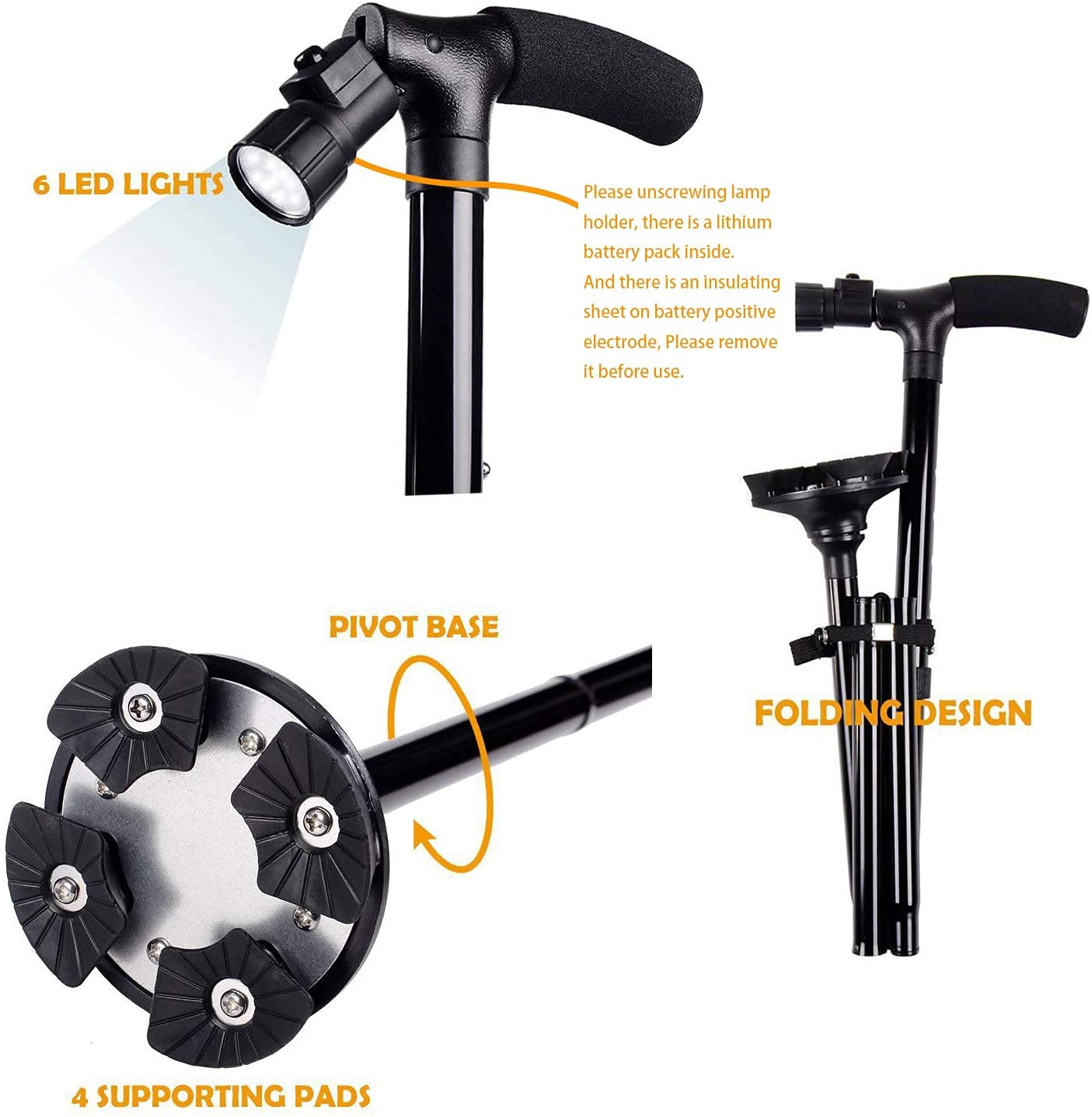 Portable Folding Walking Stick with Led Light & Aluminium Handle For Adults or old Peoples Black - Image 5