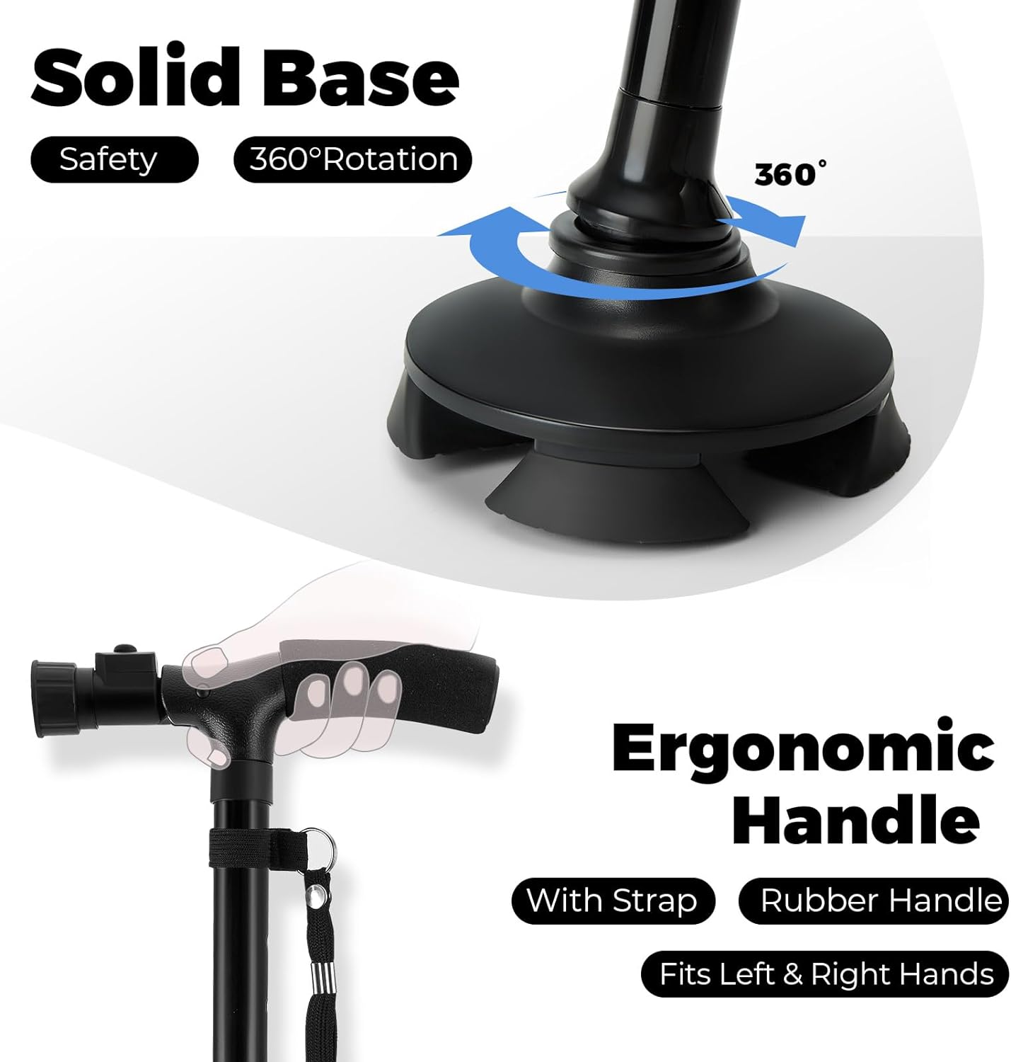 Portable Folding Walking Stick with Led Light & Aluminium Handle For Adults or old Peoples Black - Image 4
