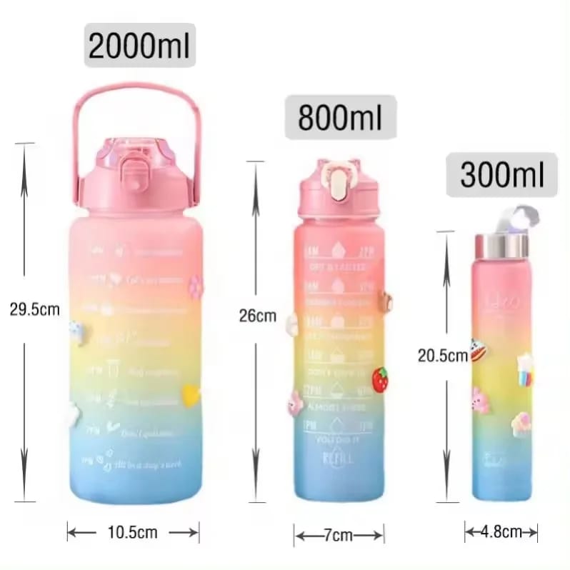 3 Pack Water Bottles with  2L Large Bottle 700MLPortable Bottle and 300ML Mini Bottle Motivational (random color) - Image 4