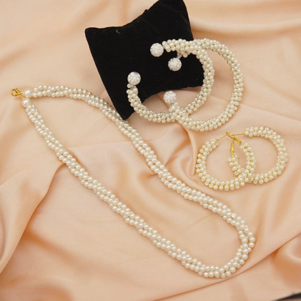 Women Pearl Elegant Jewelry Set ,Kangan, Mala & Earrings Pearl Set(white) - Image 3