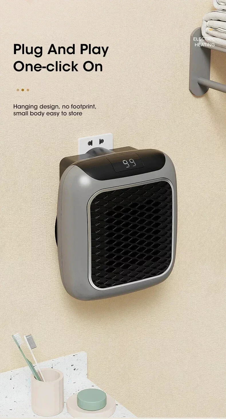 800W Space Heater Digital Electric Heater Wall Outlet Plug Small Fan Home Warmer - Image 8
